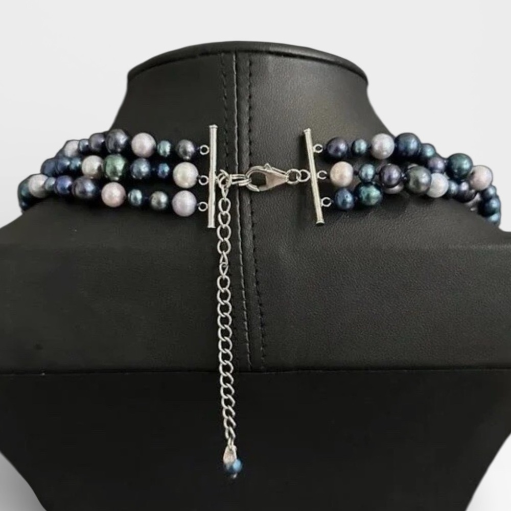 LUCAS LAMETH Sterling Triple-Strand Faceted Sodalite & Cultured Pearl Necklace - Picture 5 of 12